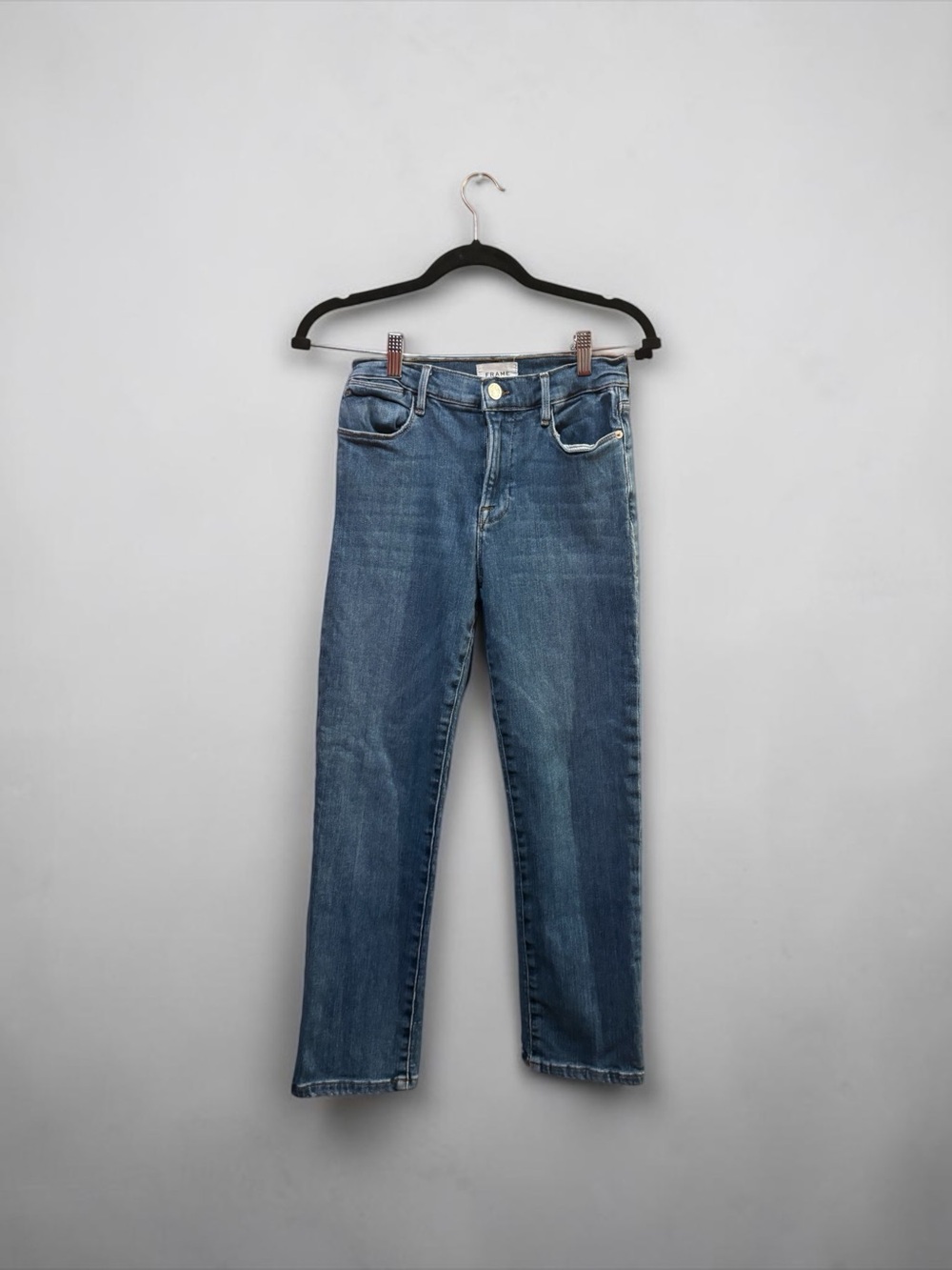 Frame Le High Bestia high rise Straight Leg Jeans in Mid Blue Sz 28